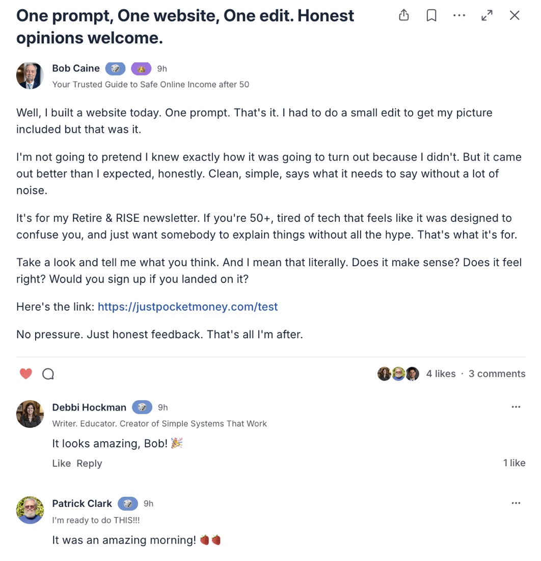 Bob Caine community post: One prompt, one website, one edit