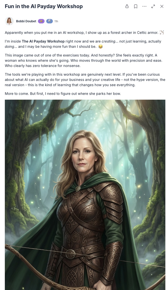 Bobbi Doubet community post showing her cinematic AI twin in armor