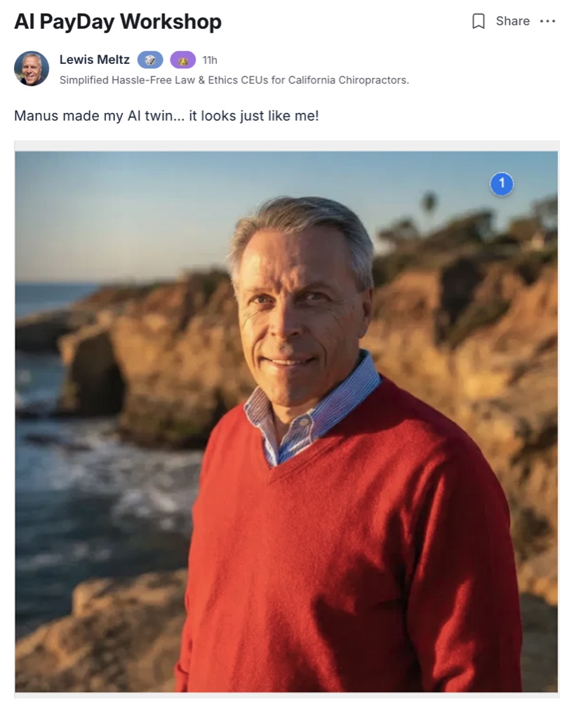 Lewis Meltz community post showing his AI twin in a red sweater on the beach