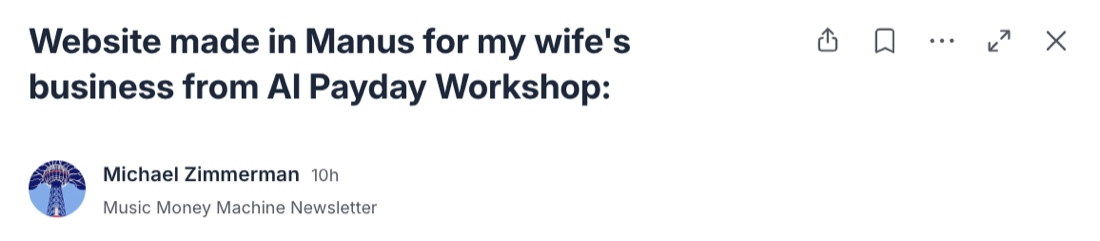 Michael Zimmerman community post: Website made in Manus for my wife's business from AI Payday Workshop