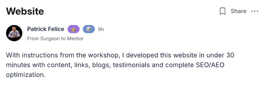 Patrick Felice community post about building his website in under 30 minutes
