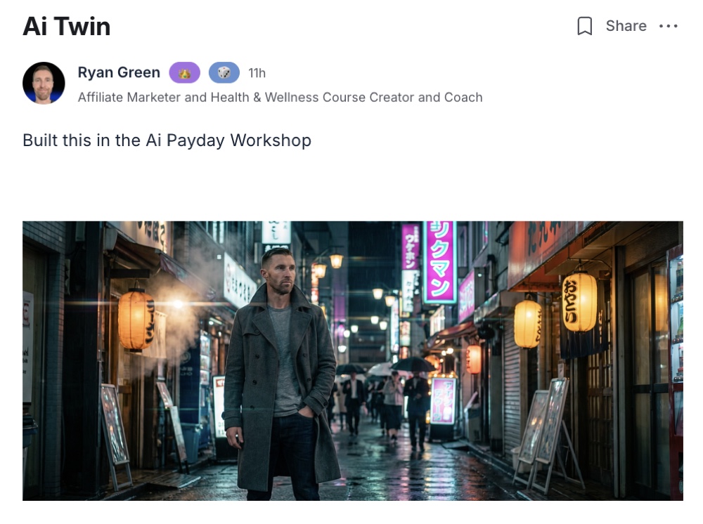 Ryan Green community post showing his AI twin on a neon-lit city street
