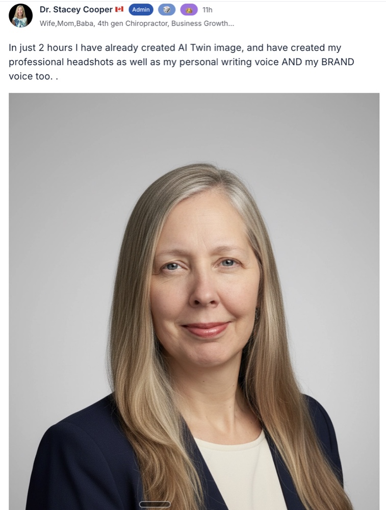 Dr. Stacey Cooper community post showing her professional AI twin headshot